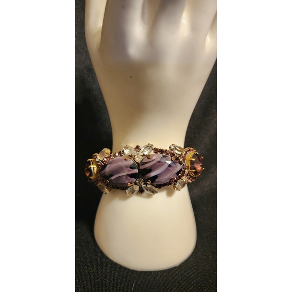 Vtg Husàn D Purple Slag Glass Rhinestone Hinged Clamper Bracelet Gold Tone READ